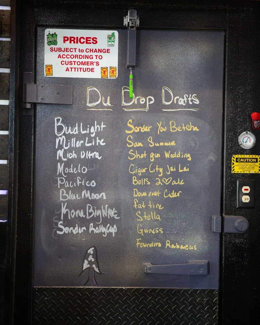The hand lettered Du Drop Drafts board listing the seventeen draft lines